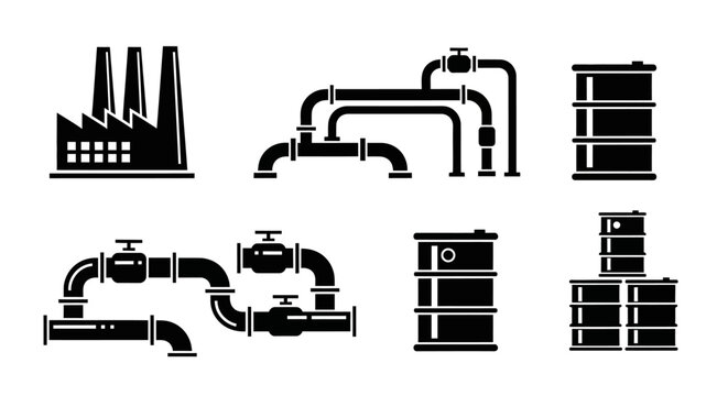 Industrial pipes and factory equipment icons.