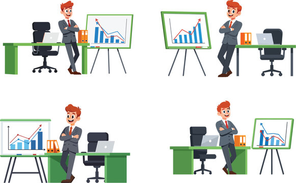 Professional businessman character set showing financial growth charts on presentation board in office workspace for business marketing success