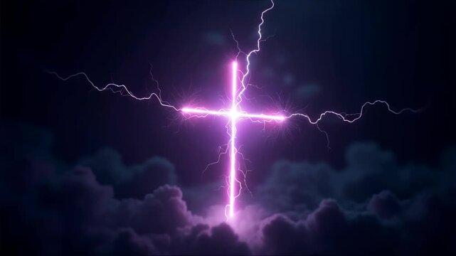 Electric plasma energy cross floating in dark void with lightning branches