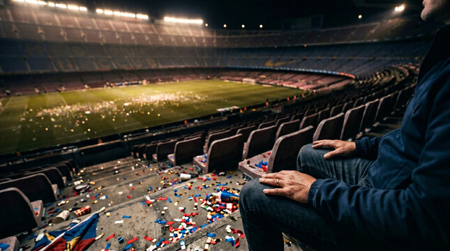Loneliness and Reflection in an Empty Football Stadium After a Major Match with Confetti Covered Seats and Bright Arena Floodlights at Night