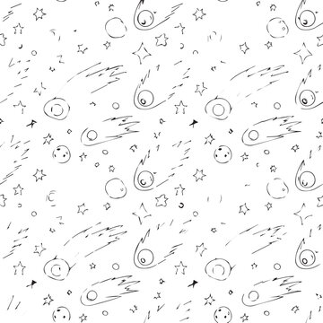 Abstract space doodle pattern featuring planets, comets, orbits and stars in a seamless monochrome design.