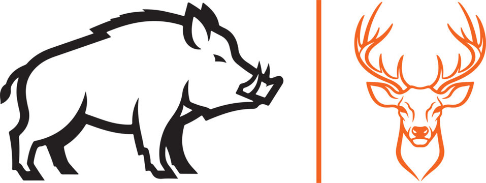 Wild boar and deer head minimalist vector icons isolated on white background
