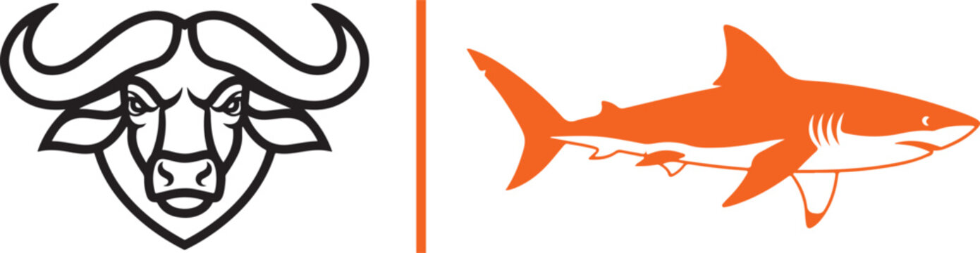 Buffalo head mascot and orange shark vector illustration set isolated on white background