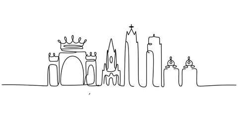 Obraz premium Minimalist continuous line art drawing of a famous city skyline featuring landmarks in a simple black ink style Vector, illustration