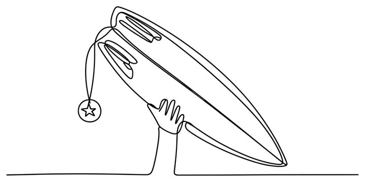 A single continuous line drawing of a person holding a surfboard with a circular star charm hanging from the deck Vector, illustration