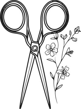 Floral scissors line art, thick outline with subtle flower pattern, minimal vector on white 1