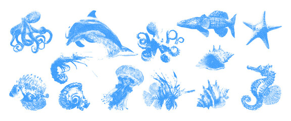 Fototapeta premium Blue cyanotype ocean halftone photocopy effect elements for creating collages. Dolphin, turtle, octopus, seashell, sea fish, seashell with grunge punk gritty texture. Vector illustration.