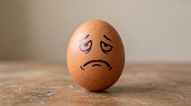 A single brown egg with a sad face drawn on it, sitting on a wooden surface, conveying a feeling of unhappiness