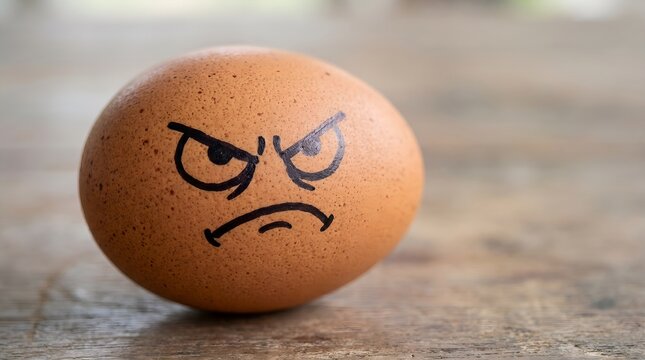 A single egg with a frowning, angry face drawn on it, set against a blurred wooden background