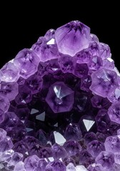 Fototapeta premium A magnificent cluster of sparkling violet amethyst crystals, captured in a detailed macro perspective showcasing the raw mineral texture and rich purple hue, violet, precious, cut