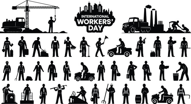 International workers day illustration depicting various professions and labor