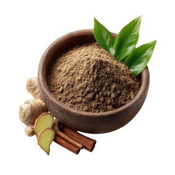 Bowl of ground ginger with fresh root and cinnamon sticks on transparent background