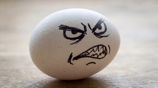 An angry egg with a furious face drawn on it sits on a wooden surface, conveying intense frustration