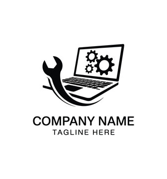Computer repair service logo with laptop wrench and gear icons for technical support maintenance and electronic hardware solutions.