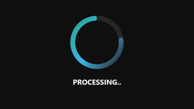 Digital blue loading icon with a rotating circular progress bar and animated processing text on a dark screen