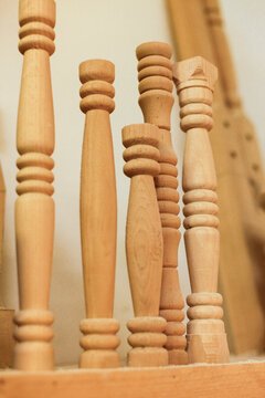 Turned wooden spindles in workshop