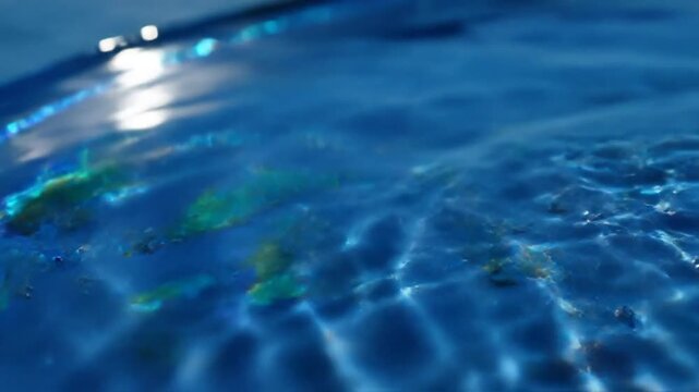 Close-up of rippling blue water with sun reflections and subtle green algae underwater detail