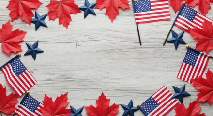 Obraz premium Happy 4th of july festive american flags and red flowers on a wooden background