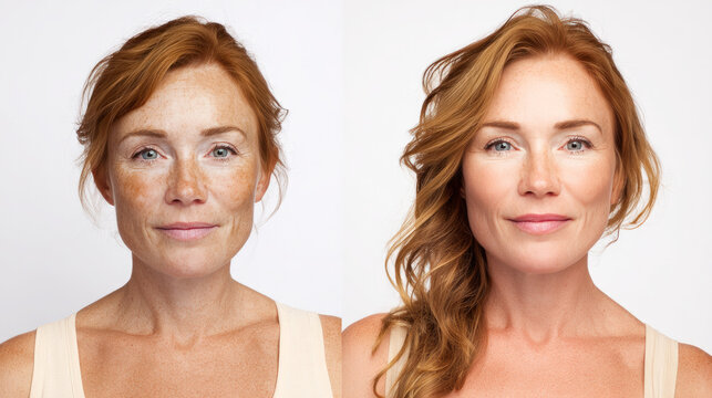 Tanned woman before and after. On a white background.