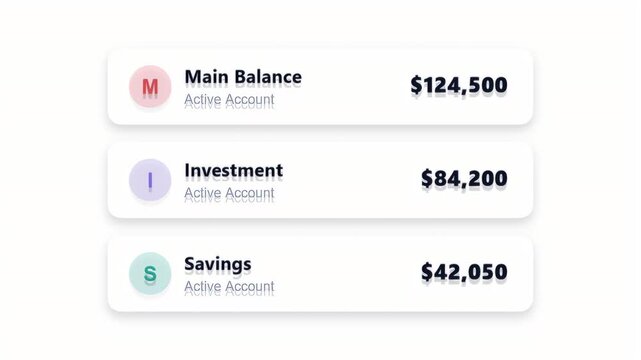 Digital banking interface displaying main balance investment and savings accounts with high monetary values
