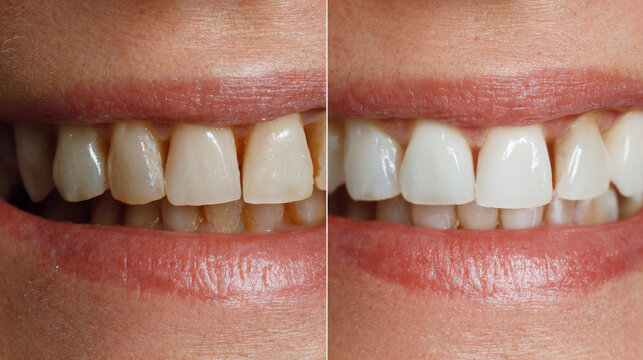 Cropped shot of young caucasian woman before and after veneers installation. The result of teeth whitening. Dentistry, dental treatment. Сorrection of uneven teeth with braces. Comparison, difference
