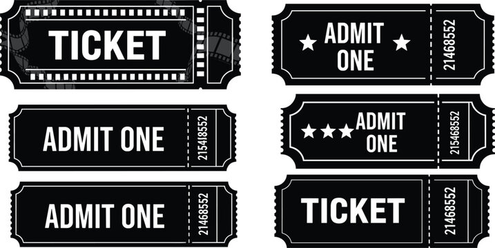 Vintage cinema ticket vector set with admit one stubs, retro movie passes, perforated edges and black and white classic design elements