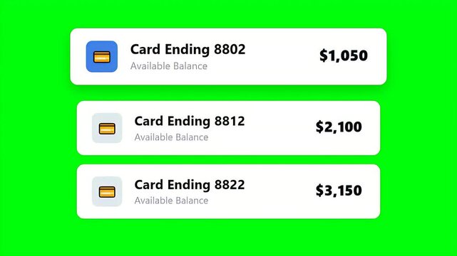 Selection of different credit card accounts with available balances in a digital mobile banking app interface