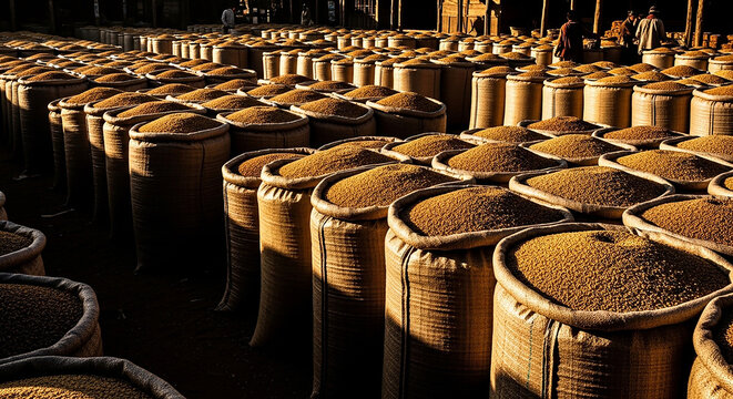Abundant Grains in Sacks at a Bustling African Market - Food Supply and Agriculture