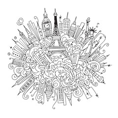 Obraz premium Whimsical circular collage featuring global landmarks and city skylines.