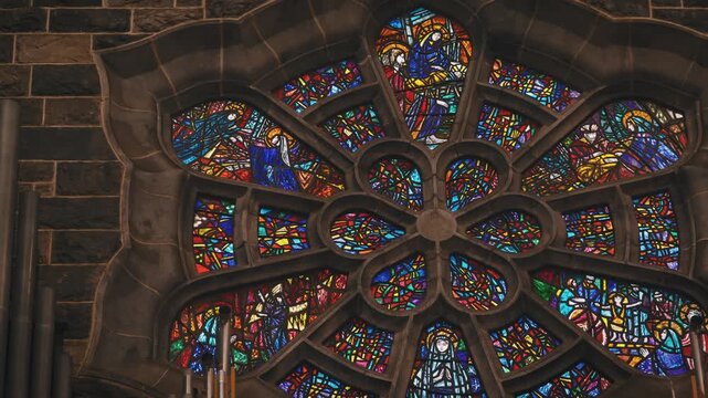 Stained Glass Window Framed by Stone Architecture Church Interior