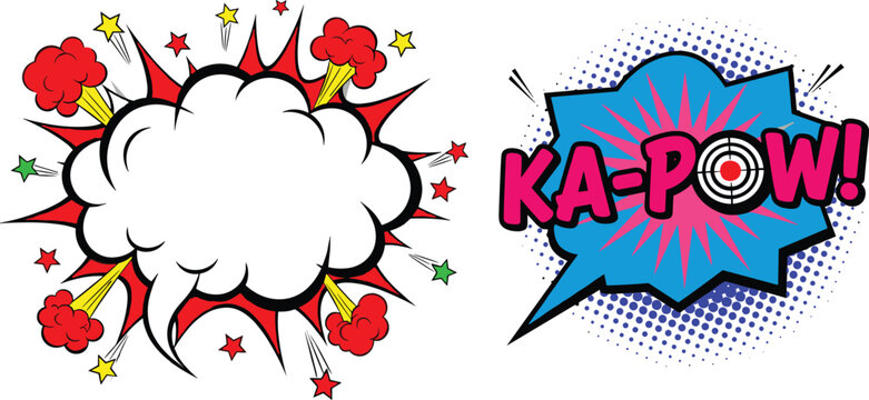 Comic explosion and speech bubble vector illustration with kapow text, pop art burst effects and retro cartoon cloud design elements