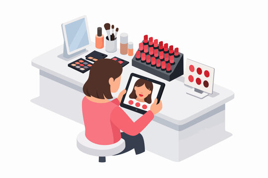 Woman Using AR Tablet for Virtual Makeup Try-on at Retail Counter