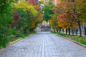 Naklejka premium beauty cobble stone road passage under autumn street European city scape