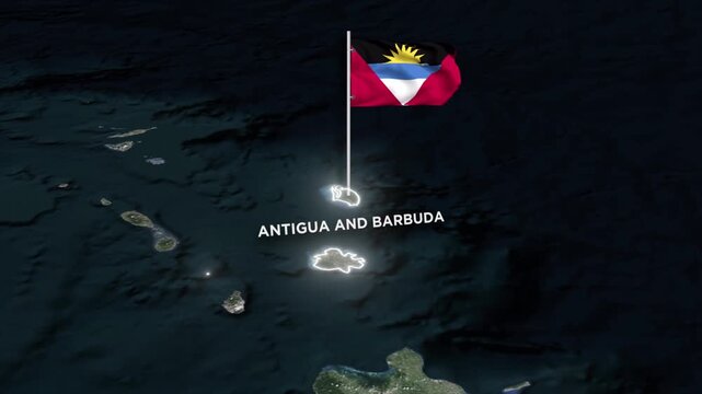 Antigua and Barbuda Map Animation with 3D Waving of Antigua and Barbuda National Flag and Glowing Border Animation on World Map