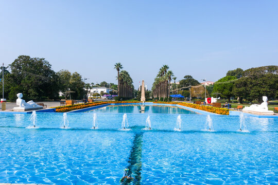 Izmir - Turkey, November 12, 2025, Izmir Culture Park - View of the large pool with female statues in the Cascade Pool - Kaskatli havuz Izmir Fuar