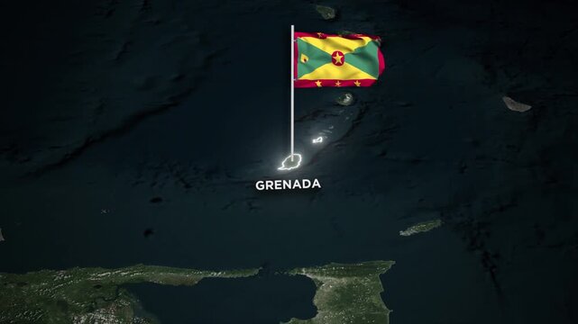 Grenada Map Animation with 3D Waving Flag and Glowing Border on World Map