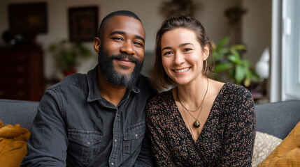Fototapeta premium Biracial couple holding a single anniversary photo from years past, wide shot of their modest living room, soft melancholic window light