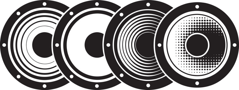 Four audio speaker icons with different acoustic diaphragm patterns in circular frame vector design.