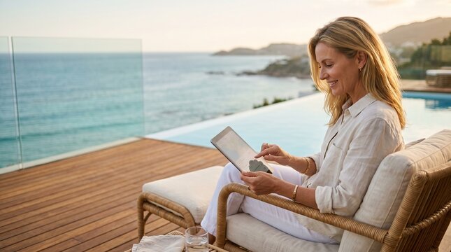 Smiling mature woman using a digital tablet while relaxing on a luxury villa terrace with an infinity pool and stunning ocean view at sunset