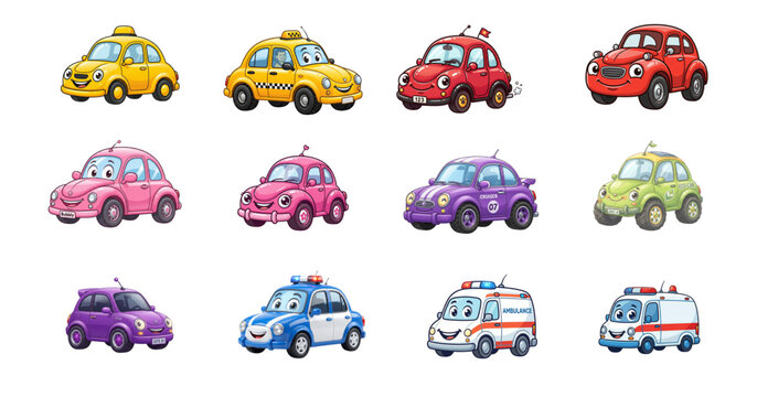 Cute Cartoon Cars Collection: Taxis, Sports Cars, Police, Ambulance - Fun & Colorful