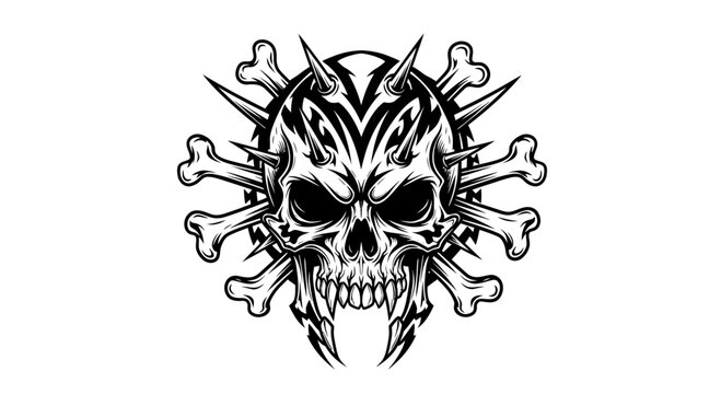 Spiky Skull with Crossed Bones - Black and White Vector Illustration