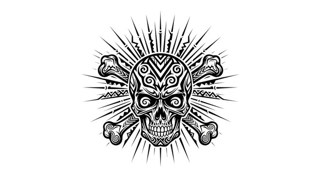 Tribal Skull and Crossbones Illustration - Tattoo Art, Grunge Style, Danger Symbol