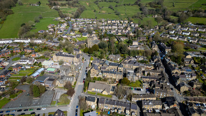Obraz premium Aerial View of Village with Stone Buildings in Pateley Bridge town, UK.