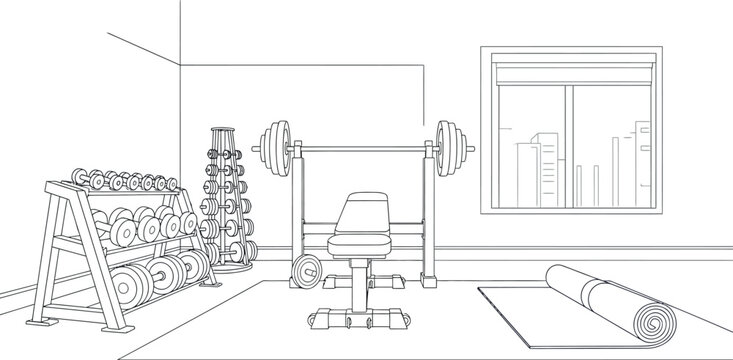 A clean line drawing illustration of a home gym setup featuring a weight bench with barbells and various dumbbell racks by a window.