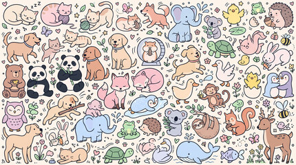 Naklejka premium A cute and colorful doodle-style illustration featuring various kawaii animals in a seamless pattern. Ideal for children’s designs, wallpapers, textiles, packaging, and creative projects.