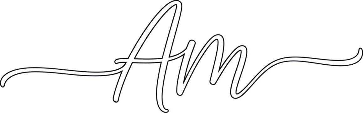 Elegant handwritten calligraphy monoline cursive letters Am intertwined on white background ideal for branding