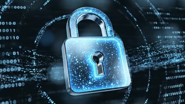 A video showcasing a padlock surrounded by digital code on a dark background, symbolizing cybersecurity and data protection.