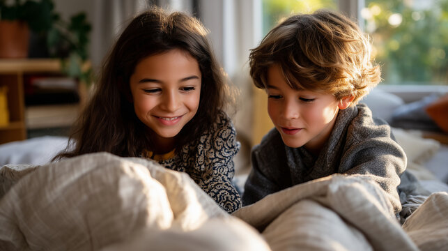 Multiethnic siblings building a fort from blankets and pillows in living room, soft natural afternoon window light, imaginative and carefree mood