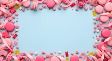 Obraz premium Pastel pink and white candy frame on light blue background
