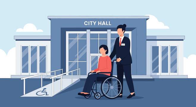 City Hall Accessibility: Wheelchair User Assisted by Aide near Ramp